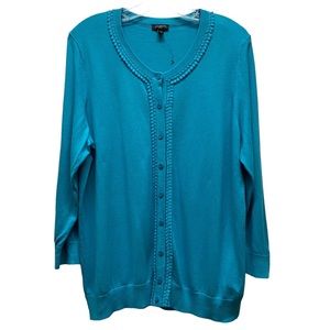 TALBOTS Button Up Ribbon Detail Rayon Blend Cardigan Sweater NEW Blue 1X